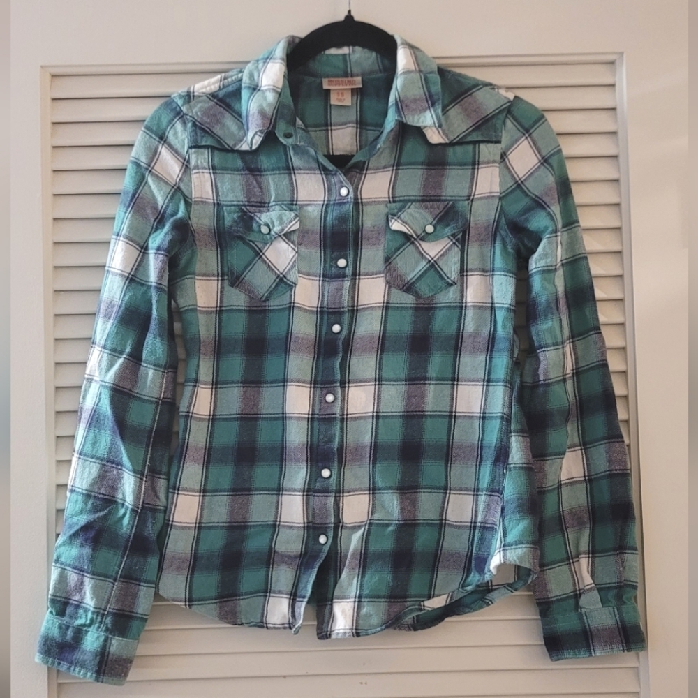 Mossimo - Green/Navy/White 100% Cotton Plaid Long-Sleeve Shirt With Snaps